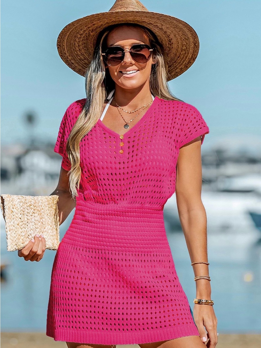Cupshe Hot Pink Crochet Swim Coverup Dress